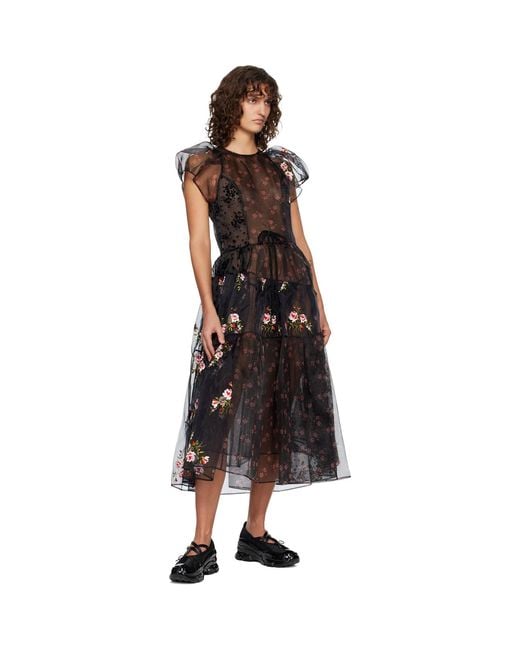 Simone Rocha Black Sheer Puff Sleeve Patchwork Flounce Midi Dress