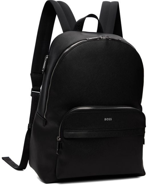 メンズ Boss ブラック ロゴ刻印 レザー バックパック Black