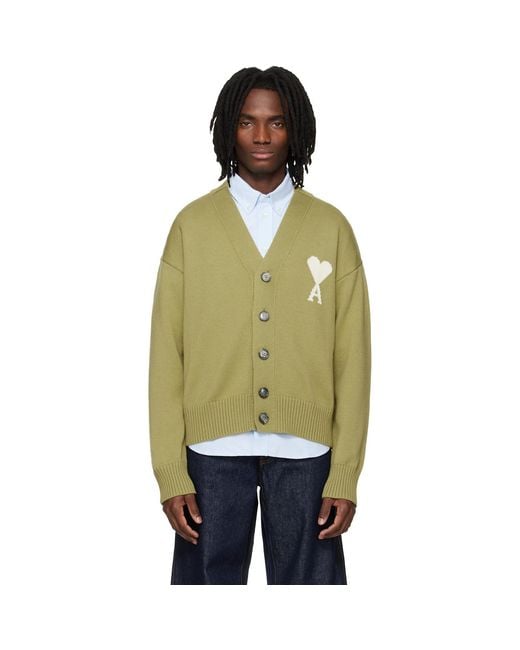 AMI Green Wool Ami De Coeur Cardigan for men
