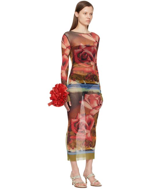 Jean Paul Gaultier Multicolor Roses Mesh Long Sleeve Dress