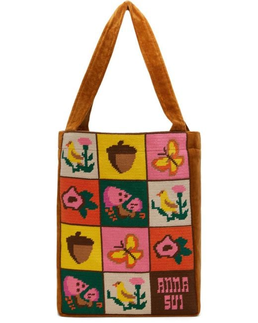 Anna Sui Black Needlepoint And Velveteen Tote
