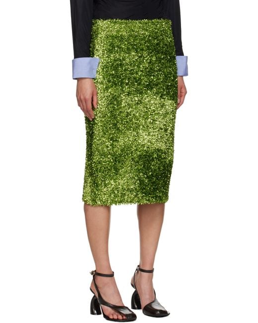 Dries Van Noten Tinsel Midi Skirt in Green | Lyst