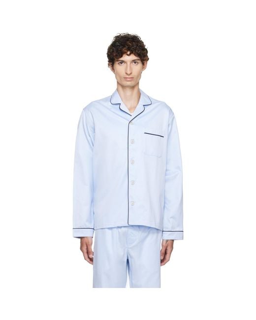 Tekla Blue Sateen Long-Sleeved Pyjama Shirt for men