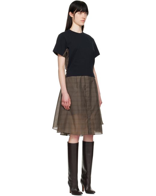 Sacai ネイビー＆ブラウン Spun Organza & Cotton Jersey ミディアムワンピース Black