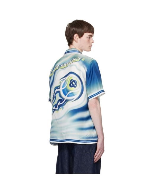 Casablanca Blue 'The Art Of The Serve' Short Sleeve Silk Shirt for men