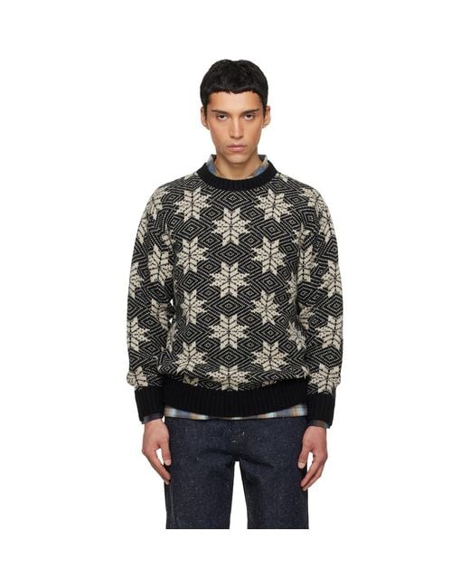 South2 West8 Black Crew Neck Snowflakes Sweater for men
