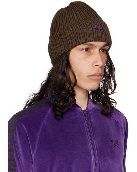 Needles Purple Brown Embroidered Beanie for men