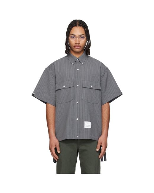 Thom Browne Gray S/S Track Shirt Flap Pockets Wool Shirt for men