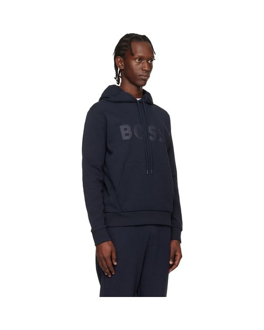 Boss Blue Printed-Logo Hoodie for men