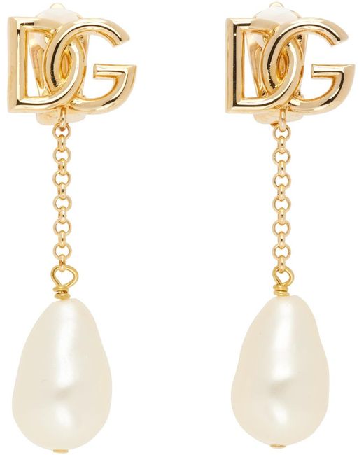 Dolce & Gabbana ゴールド Dgロゴ ドロップイヤリング ホワイト | Lyst