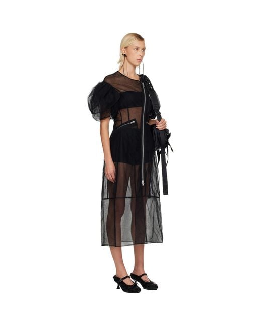 Simone Rocha Black Sheer Sculpted Petal Sleeve Biker Midi Dress
