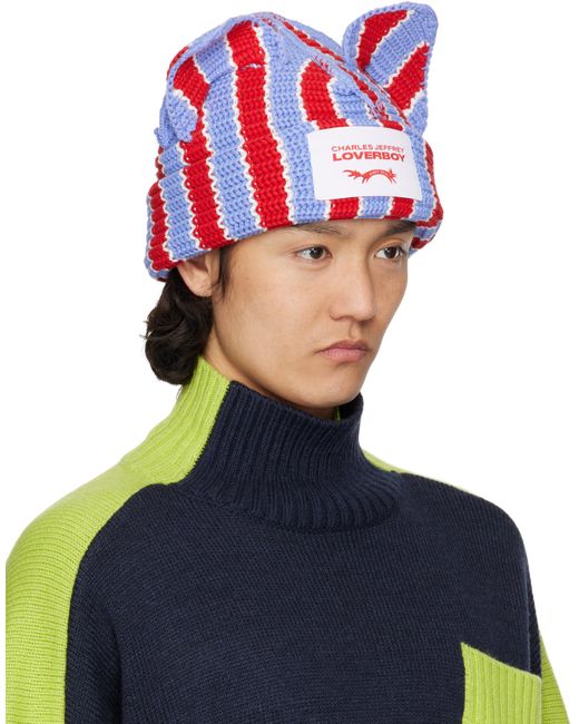 メンズ Charles Jeffrey レッド＆ブルー Chunky Ears ビーニー Blue