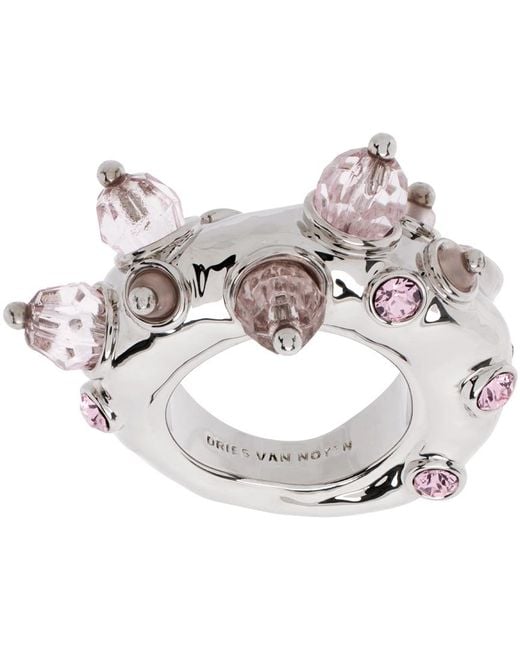 Bague Argentée À Perles Et Ornements Roses Dries Van Noten en coloris Metallic