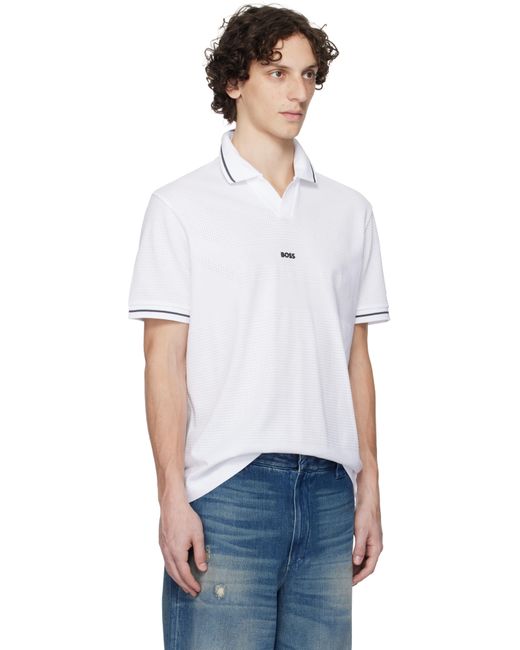 メンズ Boss ホワイト リラックスフィット コットン メッシュ ポロシャツ White