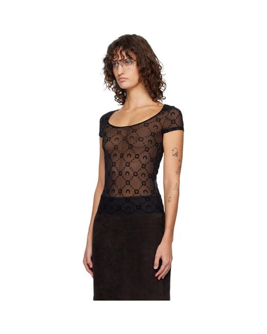 MARINE SERRE Black Recycled Mesh Flock Open Neck T-Shirt