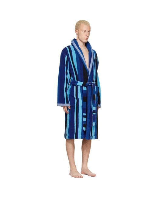 Versace Blue Striped Cotton-terry Jacquard Bathrobe for men