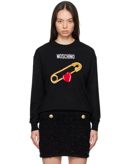 Moschino Black Intarsia Heart Safety Pin Sweater