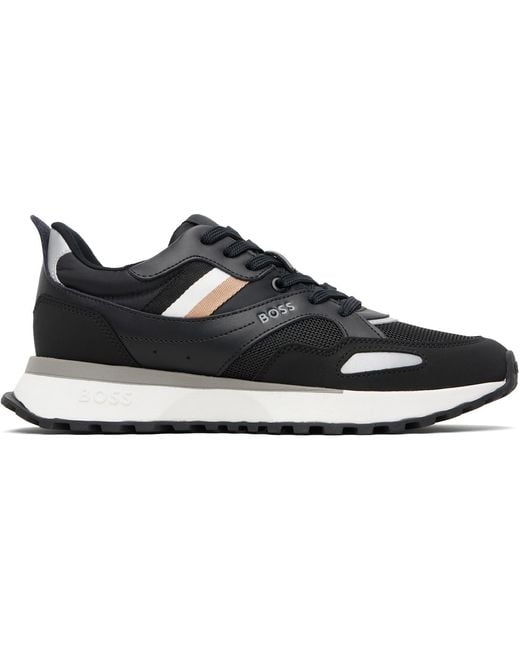 Boss Black Mixed-Material Leather & Mesh Sneakers for men