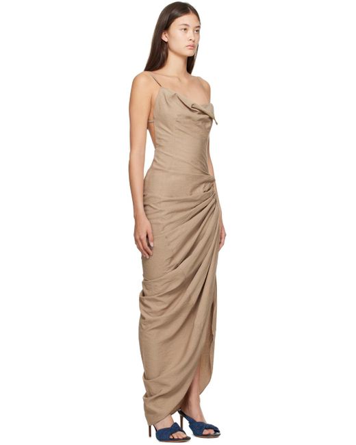 Jacquemus Brown La Robe Saudade Longue Asymmetric Draped Dress