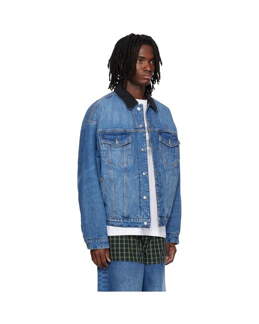 Alexander Wang Blue Plaid Combo Reversible Trucker Denim Jacket for men