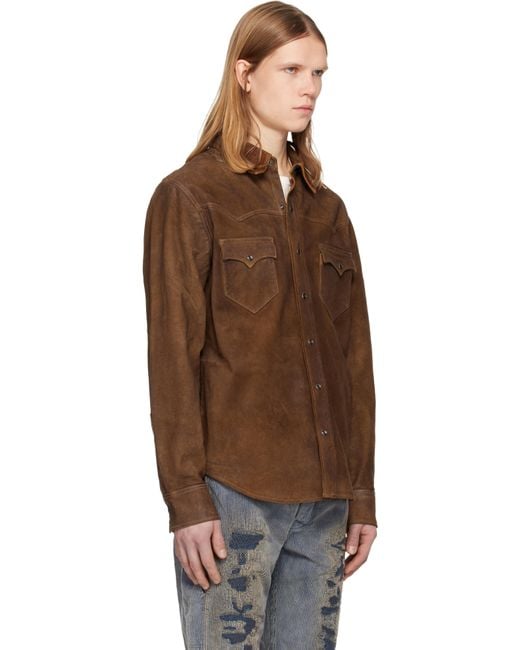 メンズ RRL ブラウン ラフアウト スエード ウエスタンシャツ レザー