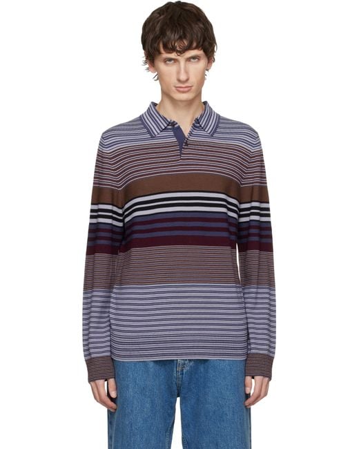 Paul Smith Blue Merino Wool Stripe Long-Sleeve Polo for men