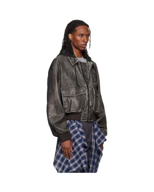 we11done Black Hybrid Hooded Faux-Leather Track Jacket for men