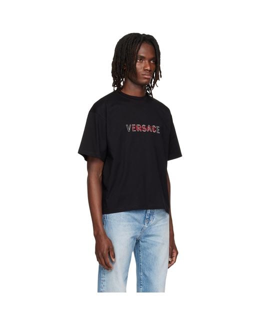 Versace Black Embroidered-Logo Cotton-Jersey Regular T-Shirt for men