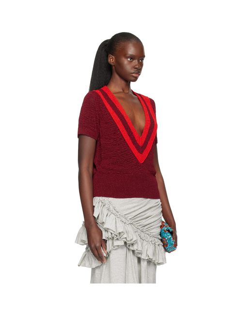 Dries Van Noten Red Burgundy V-Neck Knit Sweater