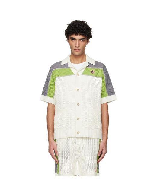 Casablanca White Off- Stripe Crochet Short Sleeve Shirt for men