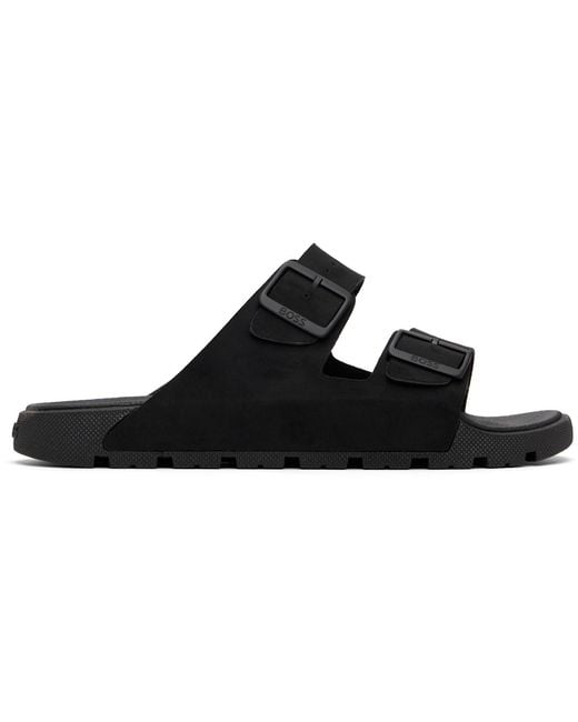 Boss Black Twin-Strap Branded Buckle Slides for men