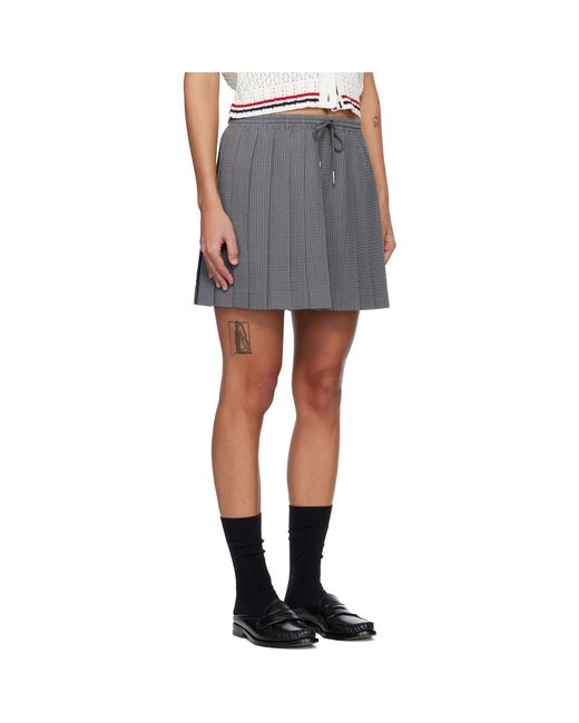 Thom Browne Black Wool Seersucker Drawstring Pleated Miniskirt