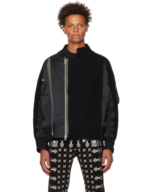 Sacai Wool Mix Knit Bomber Jacket in Black for Men | Lyst