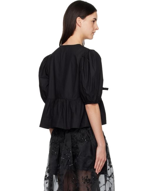 Ganni Black Cotton Poplin Peplum Tie Blouse
