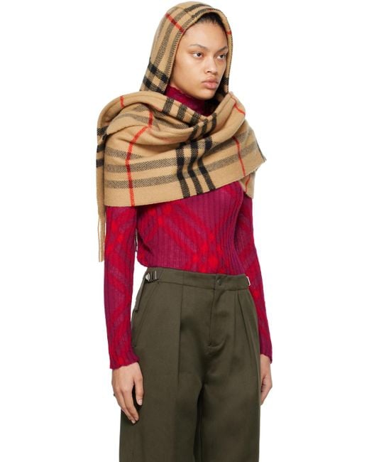 Burberry Red Beige Check Wool Cashmere Hooded Scarf