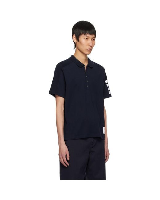 Thom Browne Blue Cotton 4-Bar Short Sleeve Polo for men