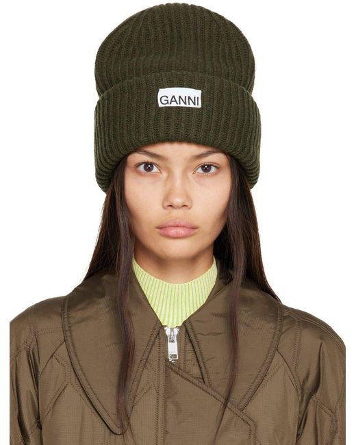 Ganni Wool Rib Beanie in Green | Lyst
