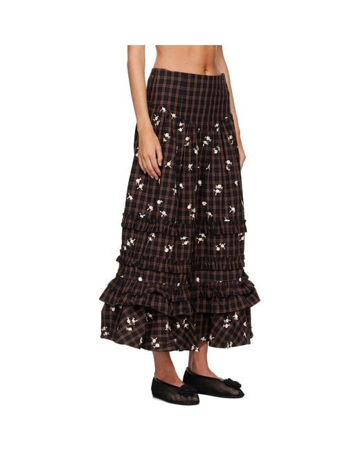 Ganni Brown Yarn Dyed Check Long Tiered Frill Maxi Skirt