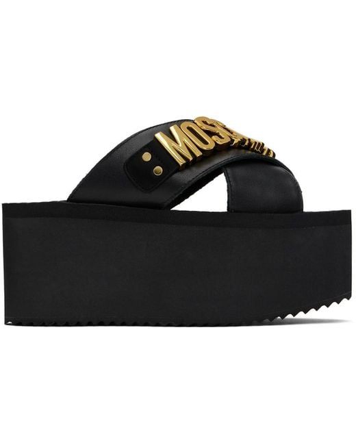 Moschino Black Lettering Logo Wedge Sandals