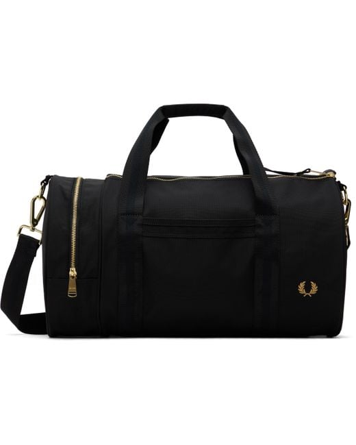 Fred Perry Black Textured Nylon Barrel Duffle Bag for men