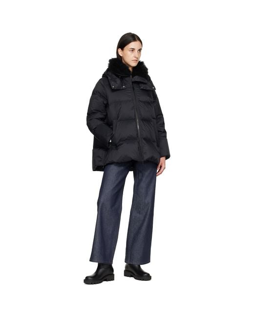 Yves Salomon Black Waterproof Technical Lambswool Trim A-Line Down Jacket