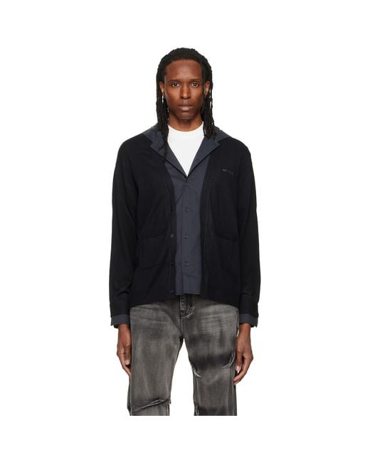 we11done Black Hooded Shirt-Layered Cardigan for men