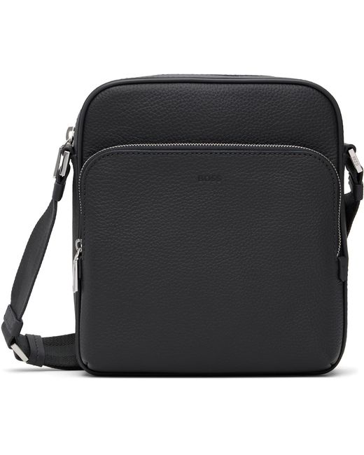 Boss Black Leather Logo-Emed Messenger Bag for men