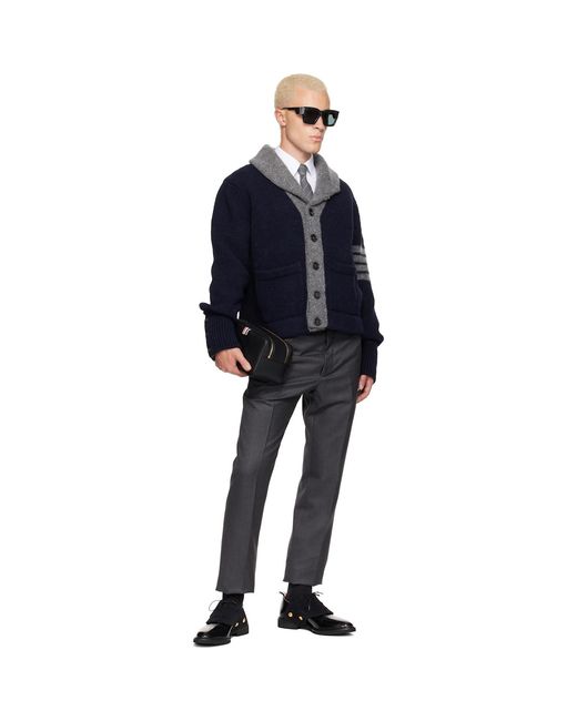 Thom Browne Blue 'Browne 65' Jersey Intarsia Shawl Collar Cardigan for men