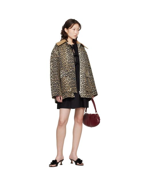 Ganni Brown Leopard Printed Canvas Midi Jacket
