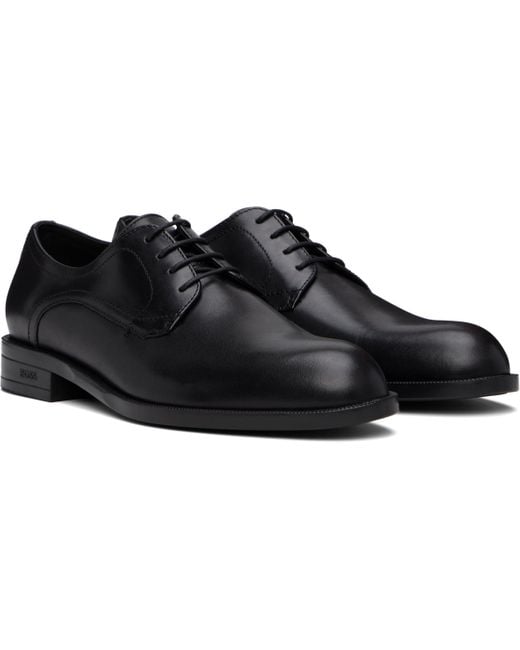 メンズ Boss ブラック レザー ダブルステッチ ダービー Black