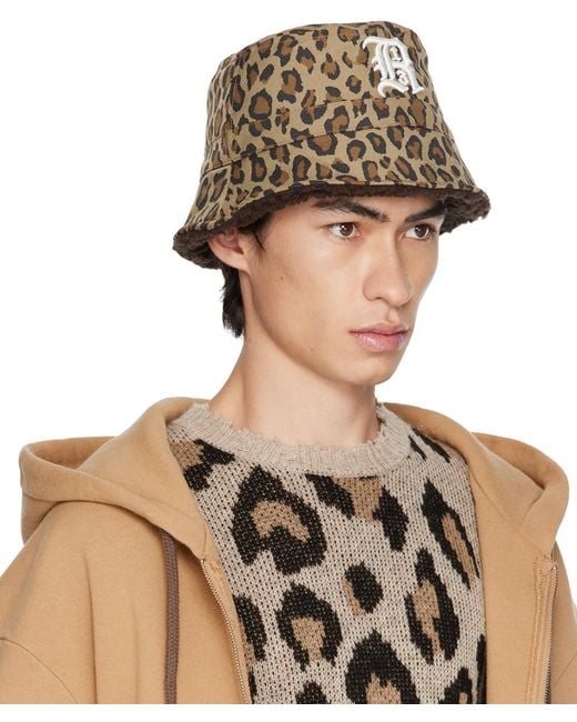R13 Brown Beige Leopard Logo Bucket Hat for men