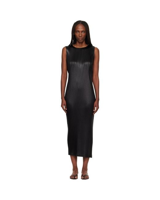 Issey Miyake Black Glossed Metal Pleats Midi Dress