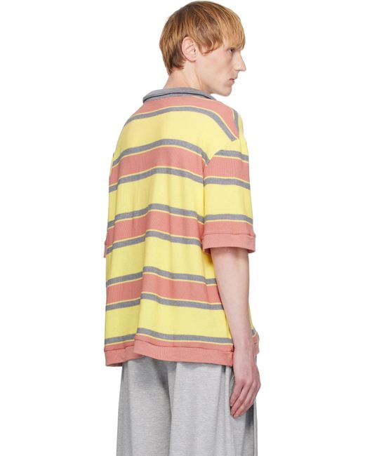 メンズ Andrej Gronau ピンク＆イエロー ボーダー ニットポロシャツ Multicolor