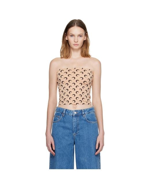 MARINE SERRE Blue Tan Moon Printed Jersey Second Skin Tube Top
